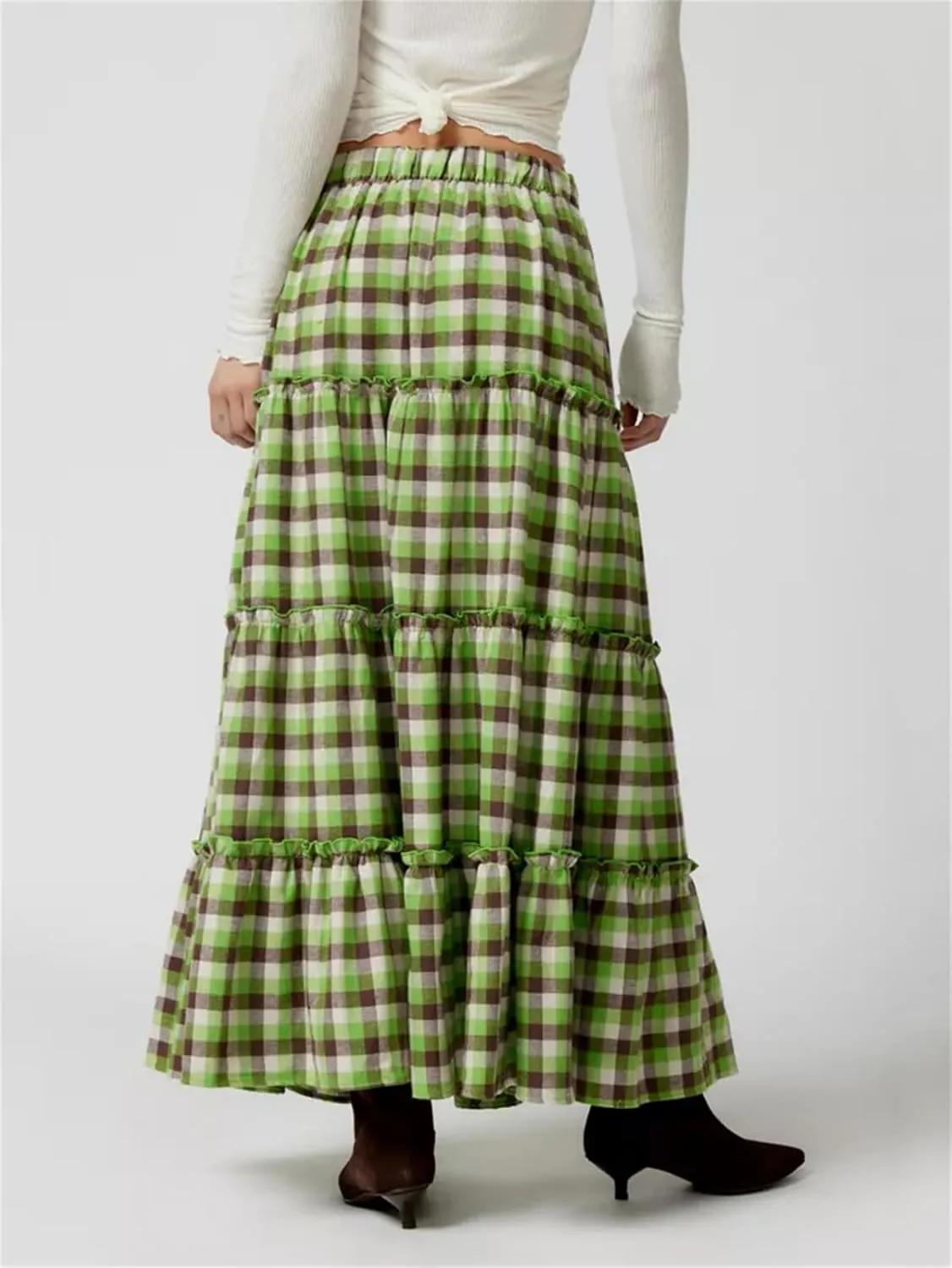 Y2k Plaid Maxi Skirts for Women Vintage Gingham High Waist A-Line Flowy Swing Tiered Long Skirt Casual Boho Beachwear