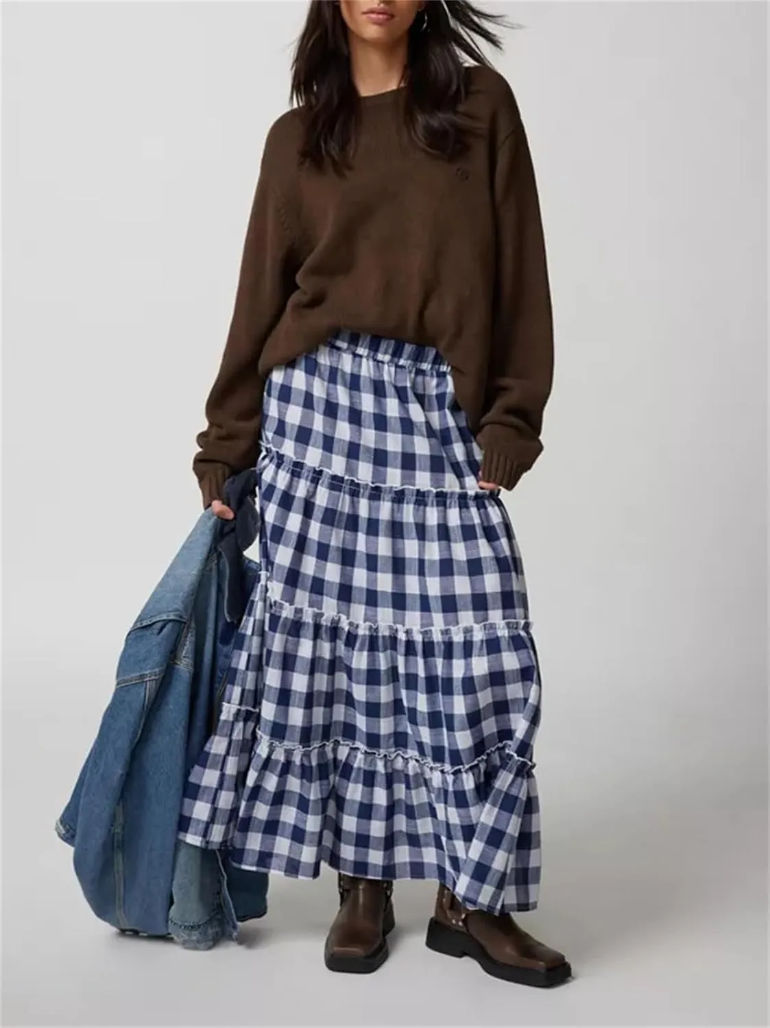 Y2k Plaid Maxi Skirts for Women Vintage Gingham High Waist A-Line Flowy Swing Tiered Long Skirt Casual Boho Beachwear