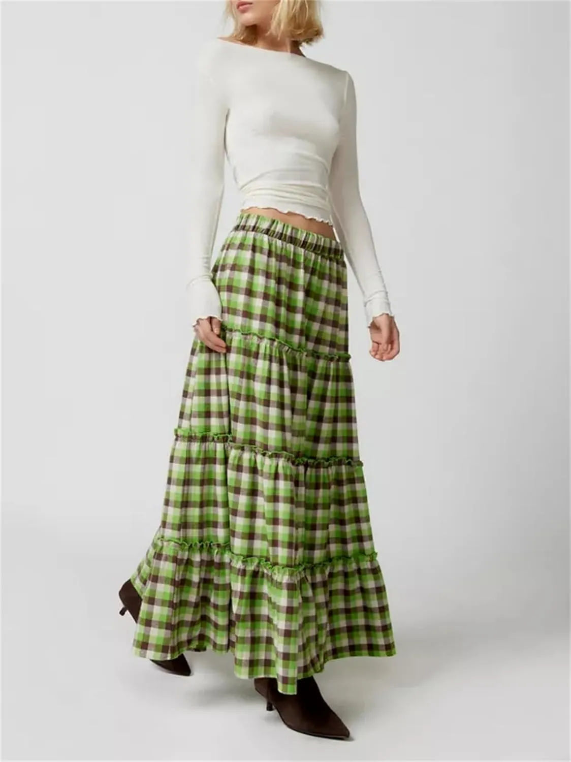 Y2k Plaid Maxi Skirts for Women Vintage Gingham High Waist A-Line Flowy Swing Tiered Long Skirt Casual Boho Beachwear