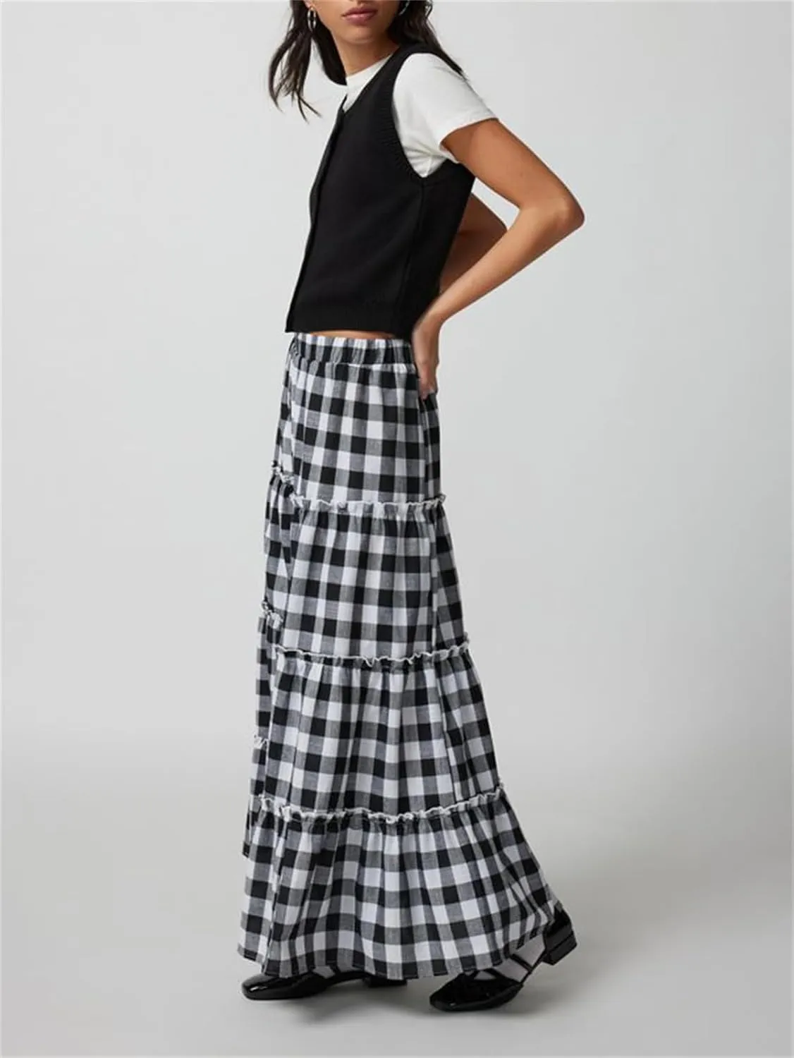 Y2k Plaid Maxi Skirts for Women Vintage Gingham High Waist A-Line Flowy Swing Tiered Long Skirt Casual Boho Beachwear