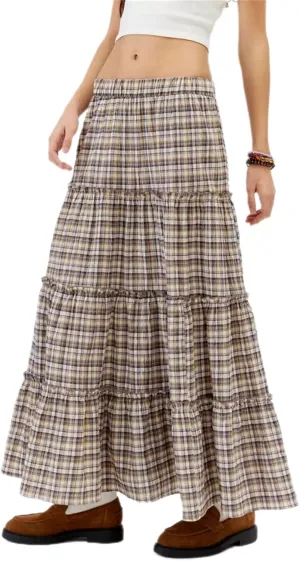 Y2k Plaid Maxi Skirts for Women Vintage Gingham High Waist A-Line Flowy Swing Tiered Long Skirt Casual Boho Beachwear