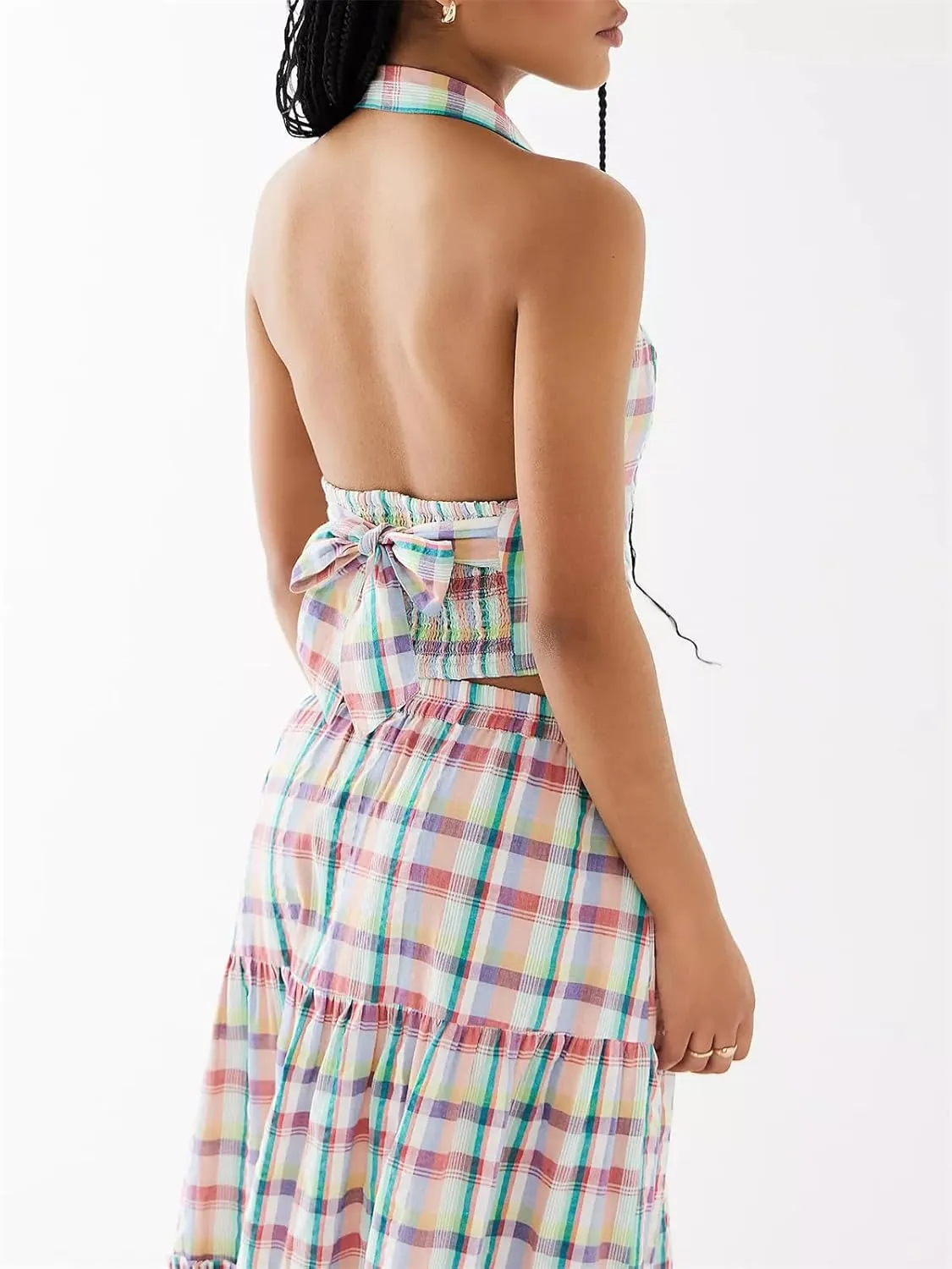 Y2k Plaid Maxi Skirts for Women Vintage Gingham High Waist A-Line Flowy Swing Tiered Long Skirt Casual Boho Beachwear