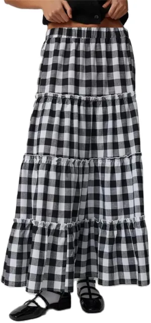 Y2k Plaid Maxi Skirts for Women Vintage Gingham High Waist A-Line Flowy Swing Tiered Long Skirt Casual Boho Beachwear