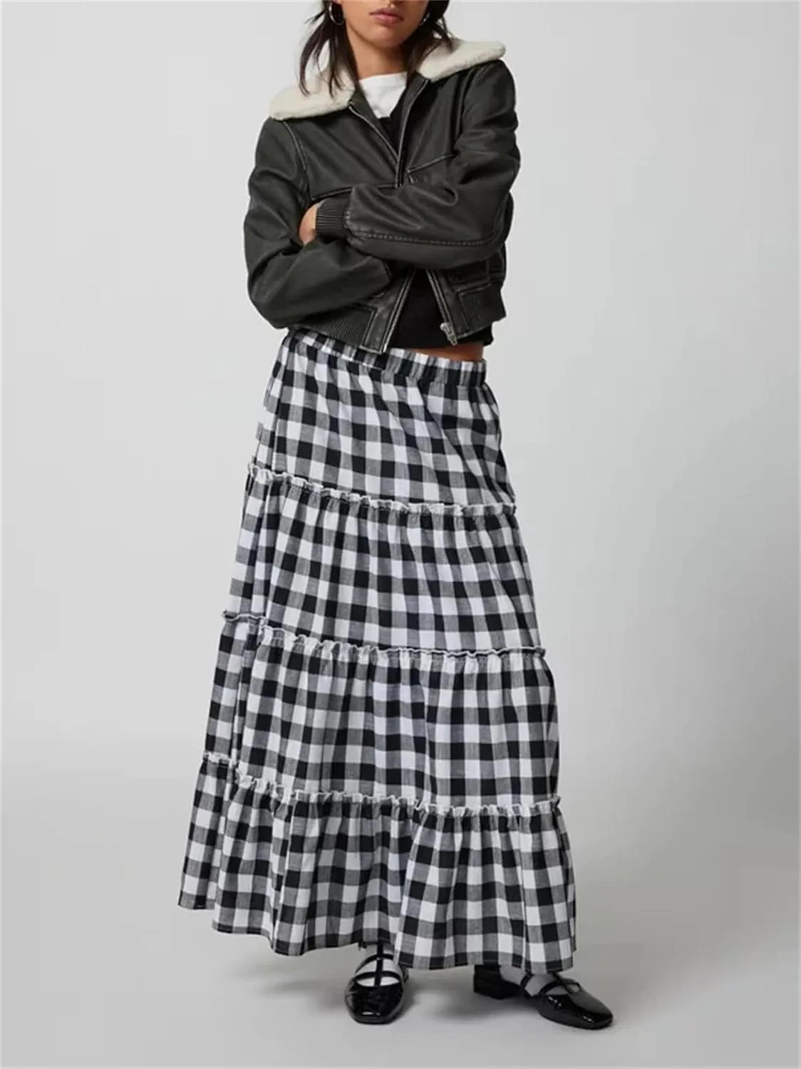 Y2k Plaid Maxi Skirts for Women Vintage Gingham High Waist A-Line Flowy Swing Tiered Long Skirt Casual Boho Beachwear