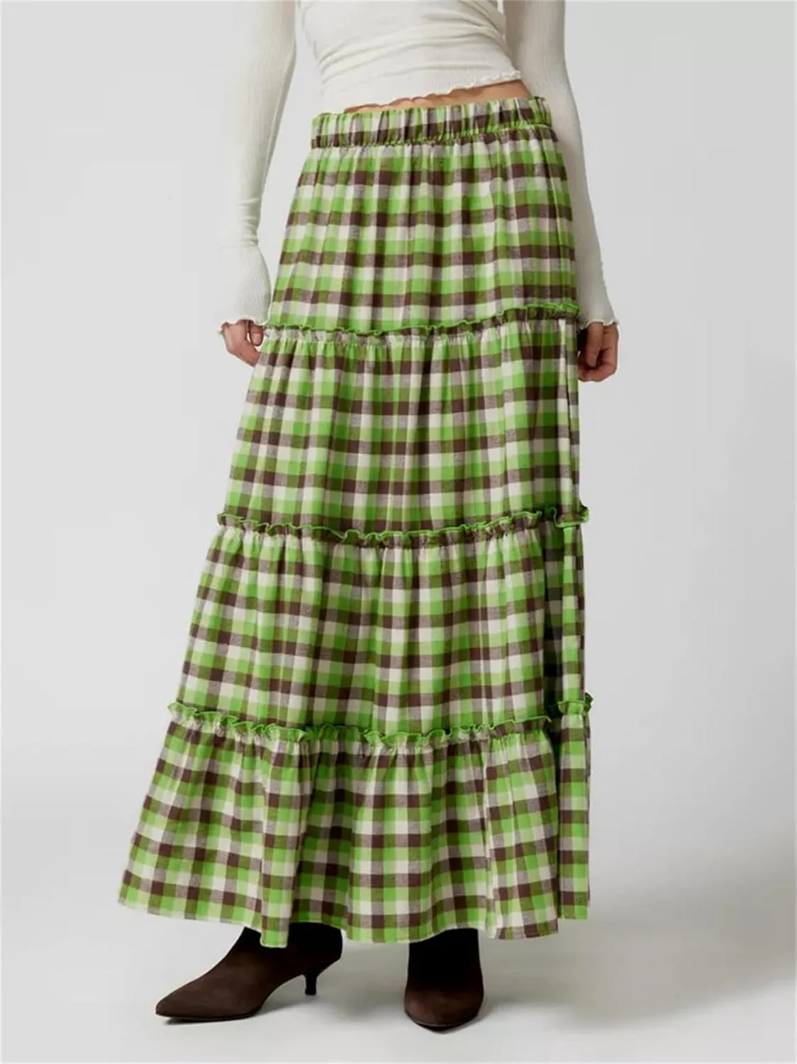 Y2k Plaid Maxi Skirts for Women Vintage Gingham High Waist A-Line Flowy Swing Tiered Long Skirt Casual Boho Beachwear