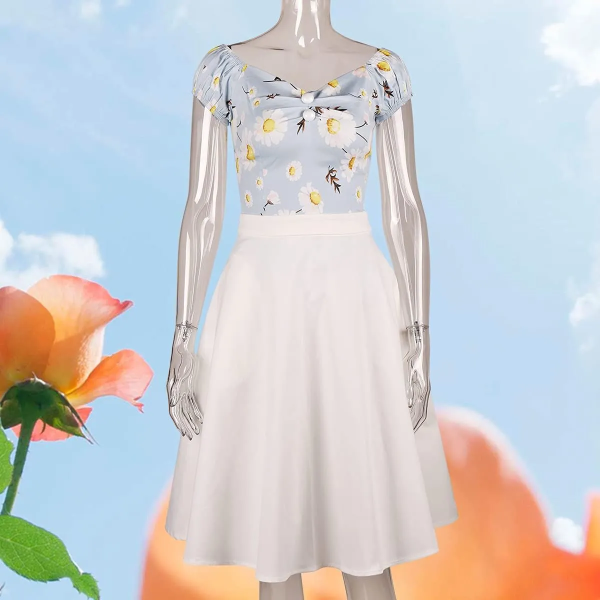 YARN & INK Women's Cotton Midi Skirts Trendy 1950s Vintage Casual A-line Swing Skirt 50s with Pockets Spring Fall
