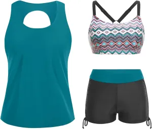 Yonique 3 Piece Womens Tankini Swimsuits with Shorts Athletic Bathing Suits Tank Tops with Bra and Boyshorts