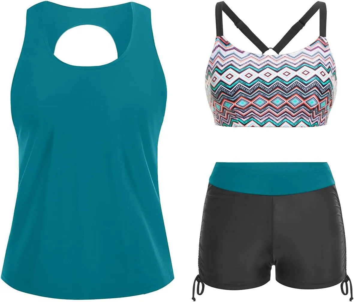 Yonique 3 Piece Womens Tankini Swimsuits with Shorts Athletic Bathing Suits Tank Tops with Bra and Boyshorts