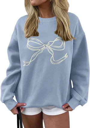 Ythomm Womens Bow Graphic Sweatshirts Oversized Crewneck Drop Shoulder Pullover Sweatshirt Long Sleeve Tops 2024 Fall Outfit