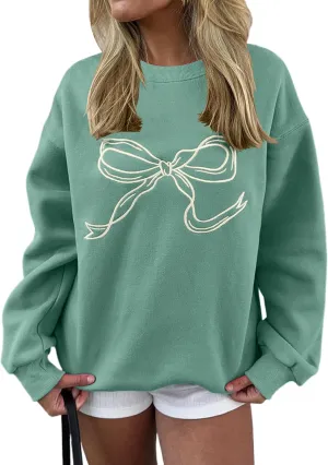Ythomm Womens Bow Graphic Sweatshirts Oversized Crewneck Drop Shoulder Pullover Sweatshirt Long Sleeve Tops 2024 Fall Outfit