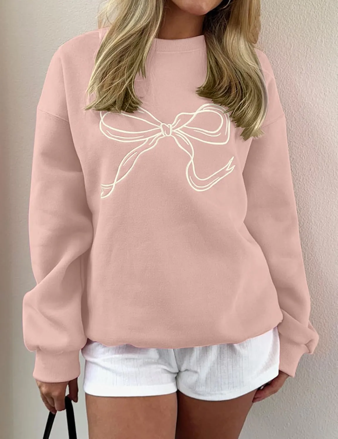 Ythomm Womens Bow Graphic Sweatshirts Oversized Crewneck Drop Shoulder Pullover Sweatshirt Long Sleeve Tops 2024 Fall Outfit