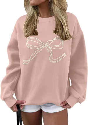 Ythomm Womens Bow Graphic Sweatshirts Oversized Crewneck Drop Shoulder Pullover Sweatshirt Long Sleeve Tops 2024 Fall Outfit
