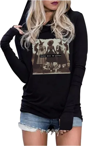 Yuaelria Halloween Sanderson Sisters Squad Hoodies Women Vintage Gothic Graphic Tops Casual Fall Long Sleeve Pullover Shirt