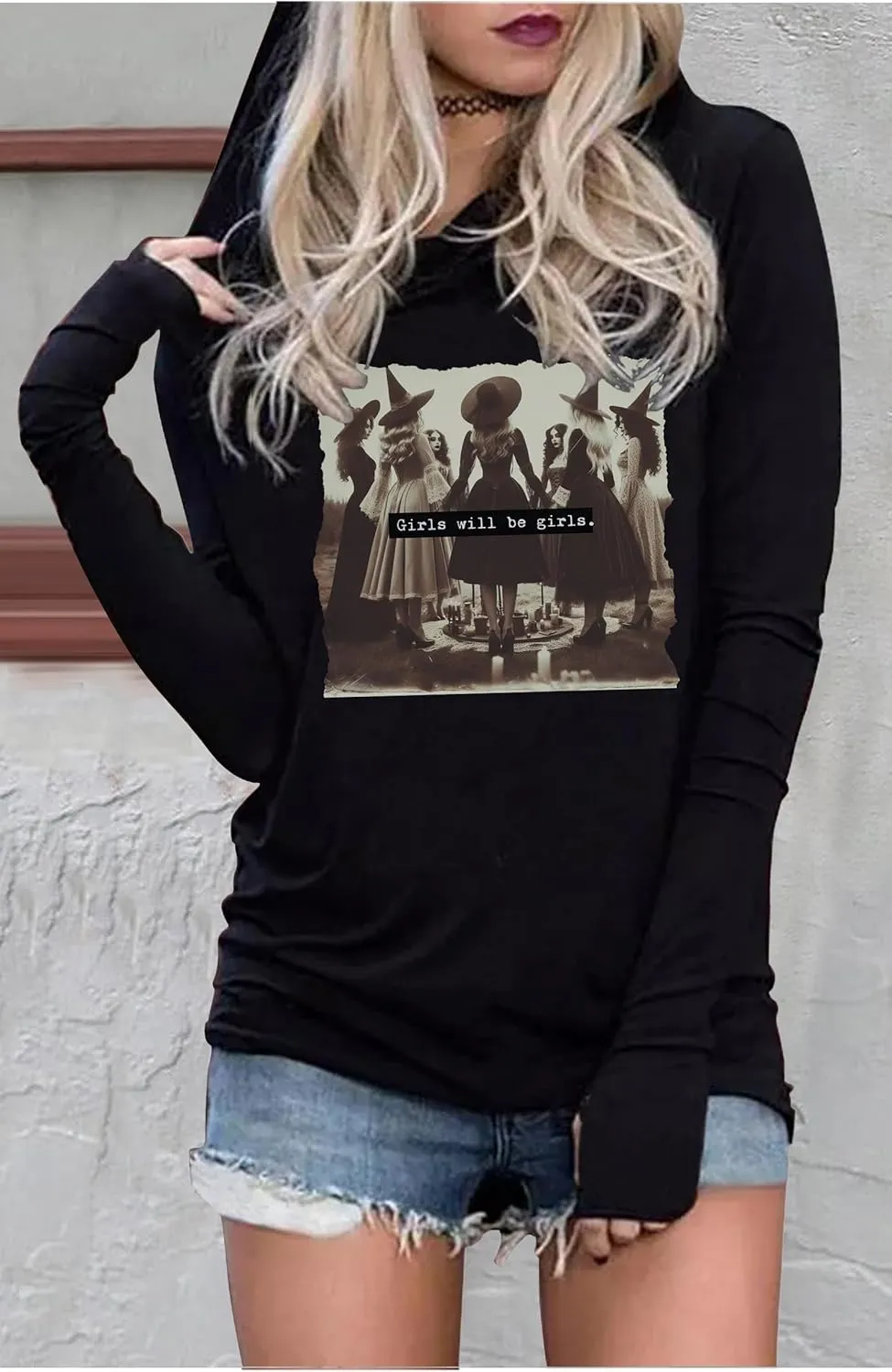 Yuaelria Halloween Sanderson Sisters Squad Hoodies Women Vintage Gothic Graphic Tops Casual Fall Long Sleeve Pullover Shirt