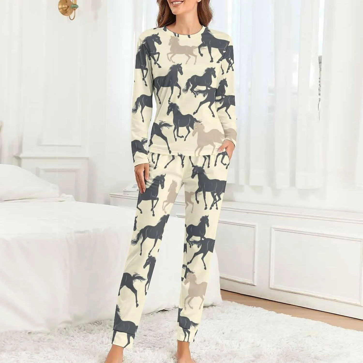 Zakqeik Horses Women's Classic Long-Sleeve Tops And Long Pants Pajama Set Two-Piece Pjs with Pockets