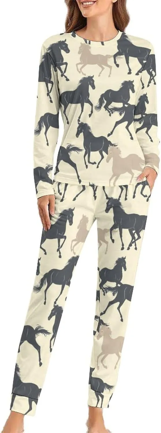 Zakqeik Horses Women's Classic Long-Sleeve Tops And Long Pants Pajama Set Two-Piece Pjs with Pockets