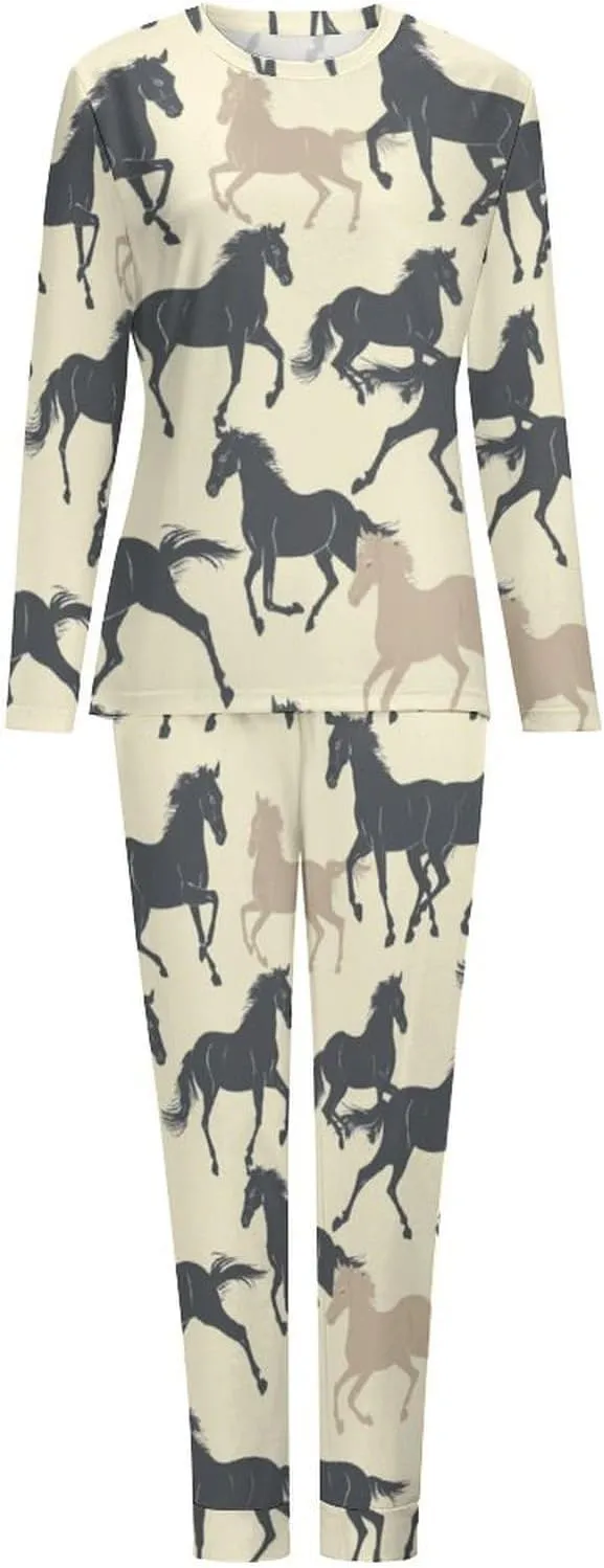 Zakqeik Horses Women's Classic Long-Sleeve Tops And Long Pants Pajama Set Two-Piece Pjs with Pockets