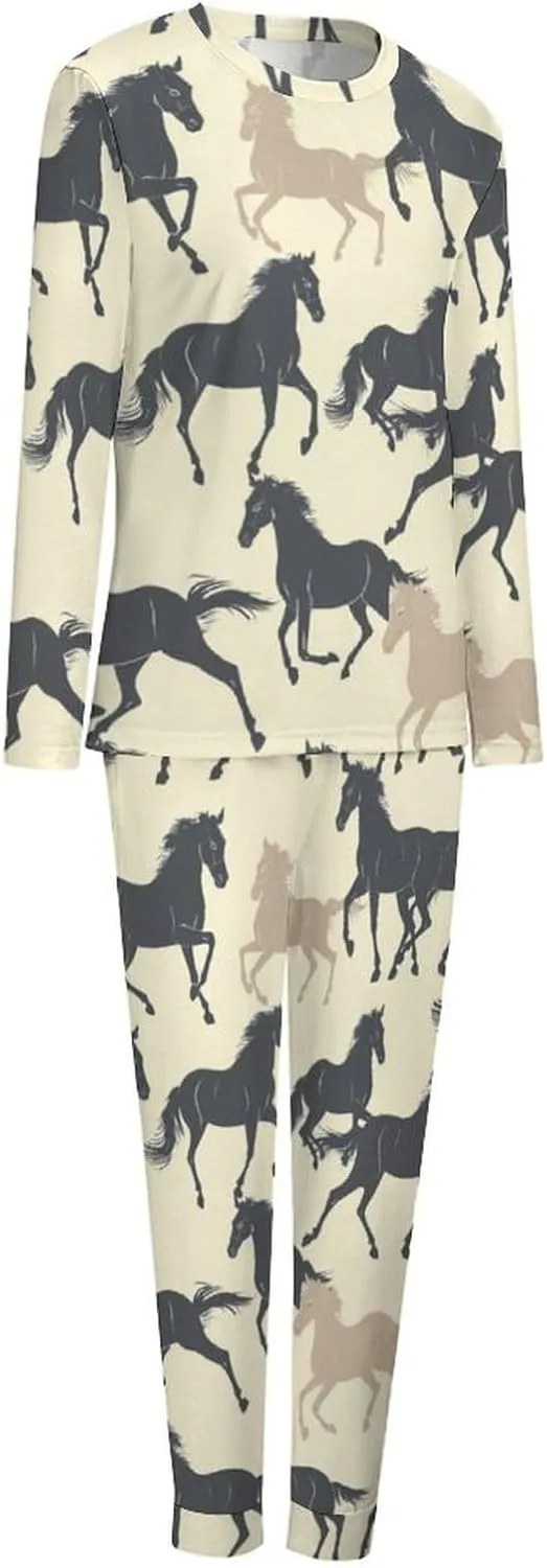 Zakqeik Horses Women's Classic Long-Sleeve Tops And Long Pants Pajama Set Two-Piece Pjs with Pockets