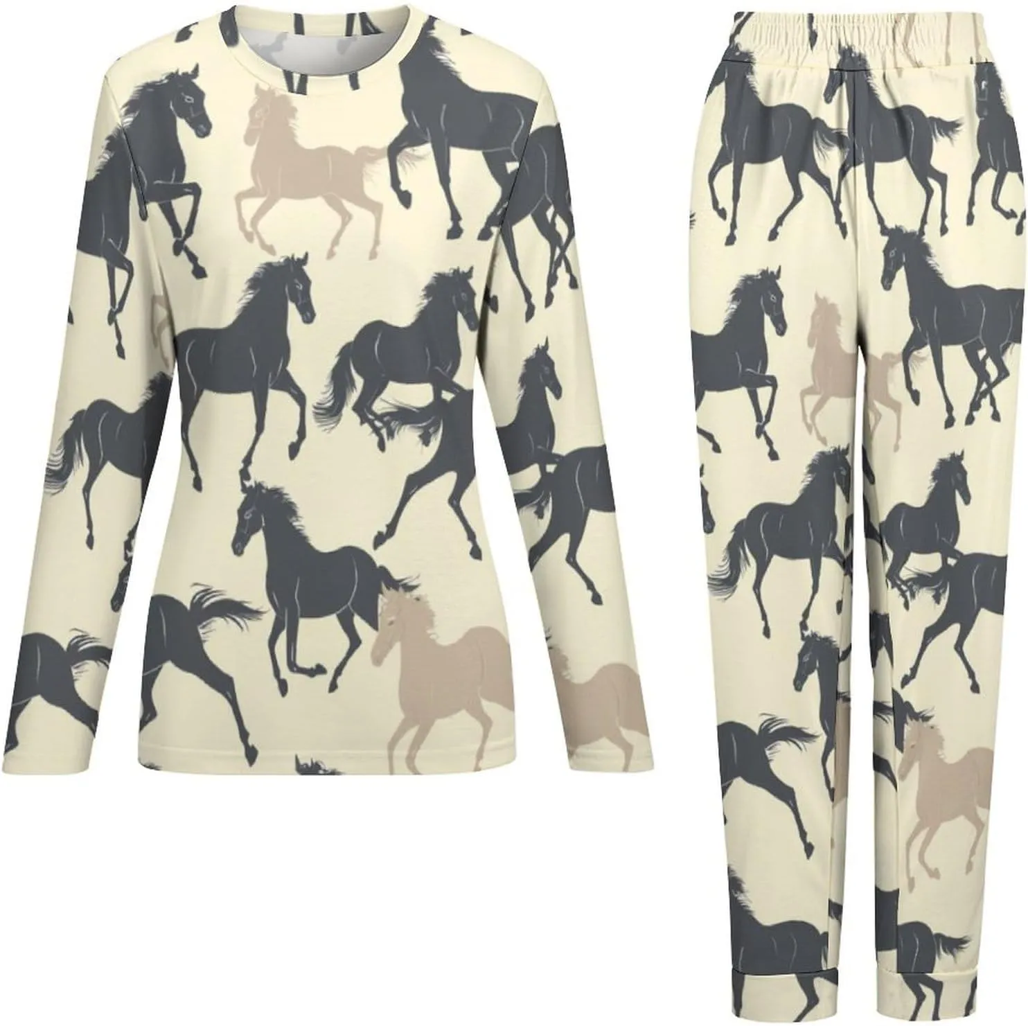 Zakqeik Horses Women's Classic Long-Sleeve Tops And Long Pants Pajama Set Two-Piece Pjs with Pockets