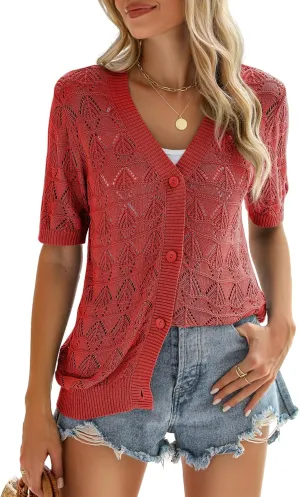 Zeagoo Women's Short Sleeve 2025 Summer Crochet Cropped Cardigan V Neck Button up Bolero Shrug Sweater