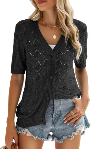 Zeagoo Women's Short Sleeve 2025 Summer Crochet Cropped Cardigan V Neck Button up Bolero Shrug Sweater