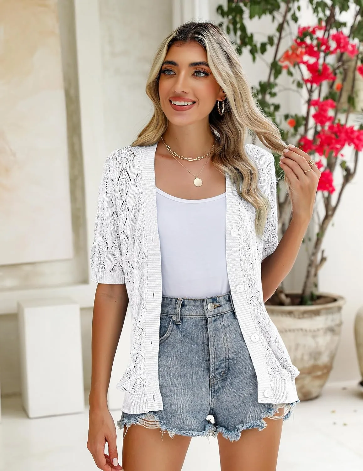 Zeagoo Women's Short Sleeve 2025 Summer Crochet Cropped Cardigan V Neck Button up Bolero Shrug Sweater