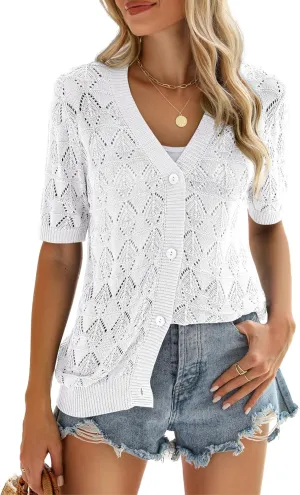 Zeagoo Women's Short Sleeve 2025 Summer Crochet Cropped Cardigan V Neck Button up Bolero Shrug Sweater