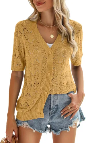 Zeagoo Women's Short Sleeve 2025 Summer Crochet Cropped Cardigan V Neck Button up Bolero Shrug Sweater