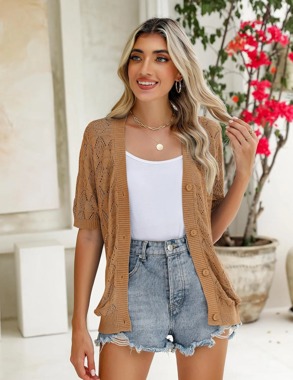 Zeagoo Women's Short Sleeve 2025 Summer Crochet Cropped Cardigan V Neck Button up Bolero Shrug Sweater