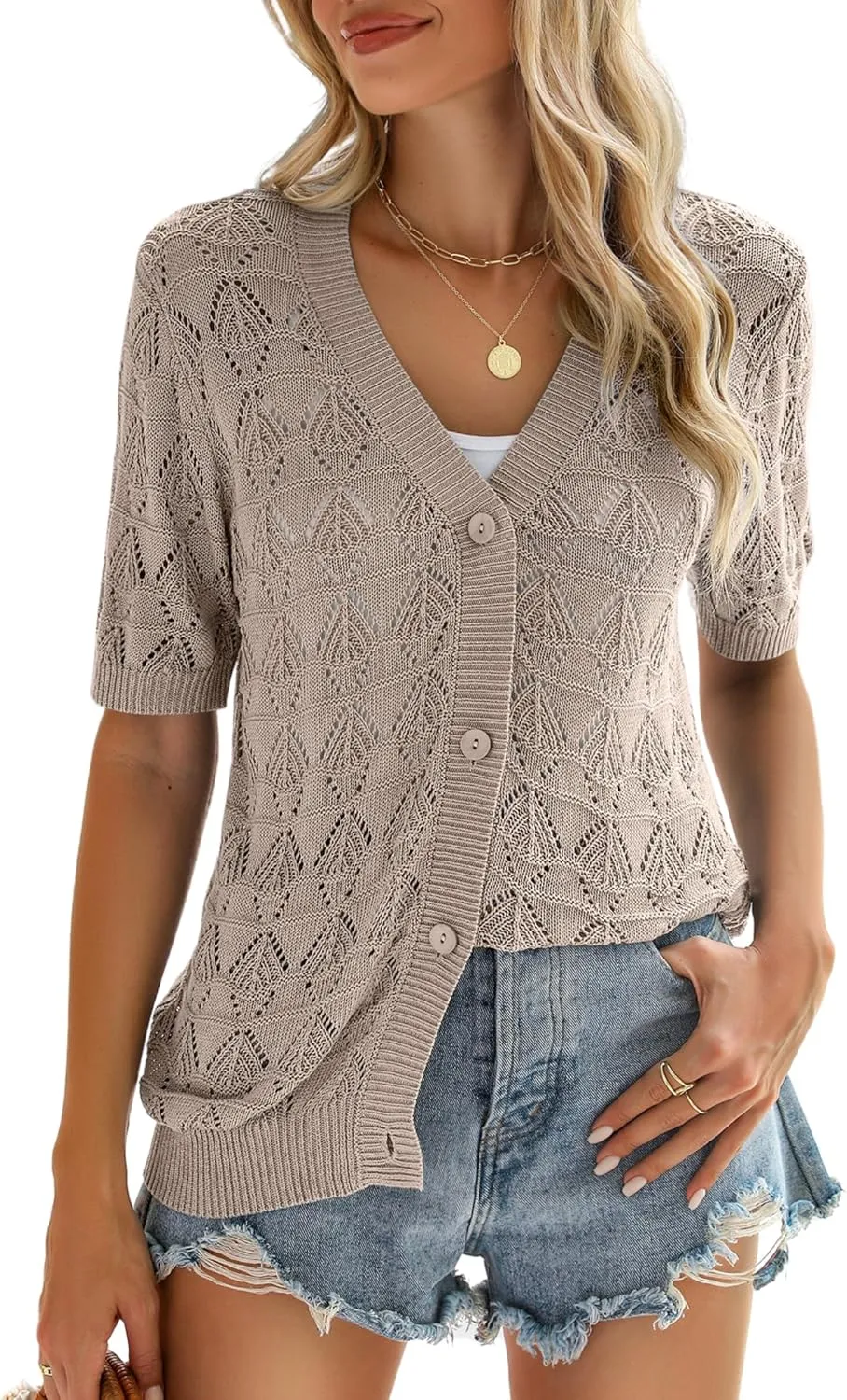 Zeagoo Women's Short Sleeve 2025 Summer Crochet Cropped Cardigan V Neck Button up Bolero Shrug Sweater
