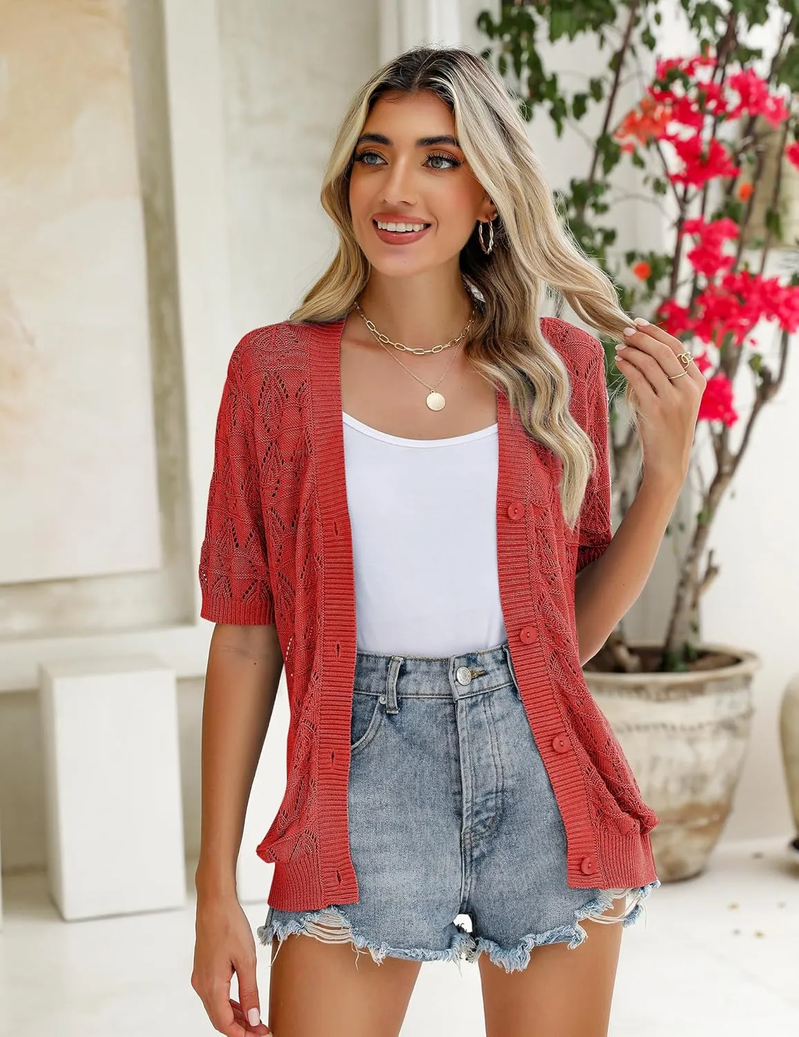 Zeagoo Women's Short Sleeve 2025 Summer Crochet Cropped Cardigan V Neck Button up Bolero Shrug Sweater