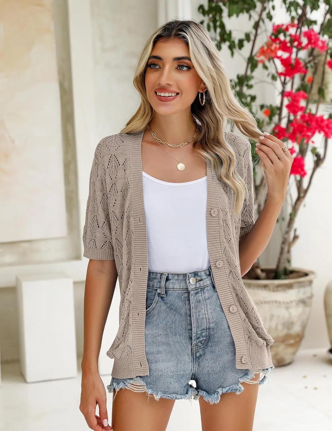 Zeagoo Women's Short Sleeve 2025 Summer Crochet Cropped Cardigan V Neck Button up Bolero Shrug Sweater