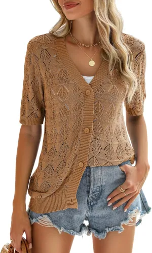 Zeagoo Women's Short Sleeve 2025 Summer Crochet Cropped Cardigan V Neck Button up Bolero Shrug Sweater