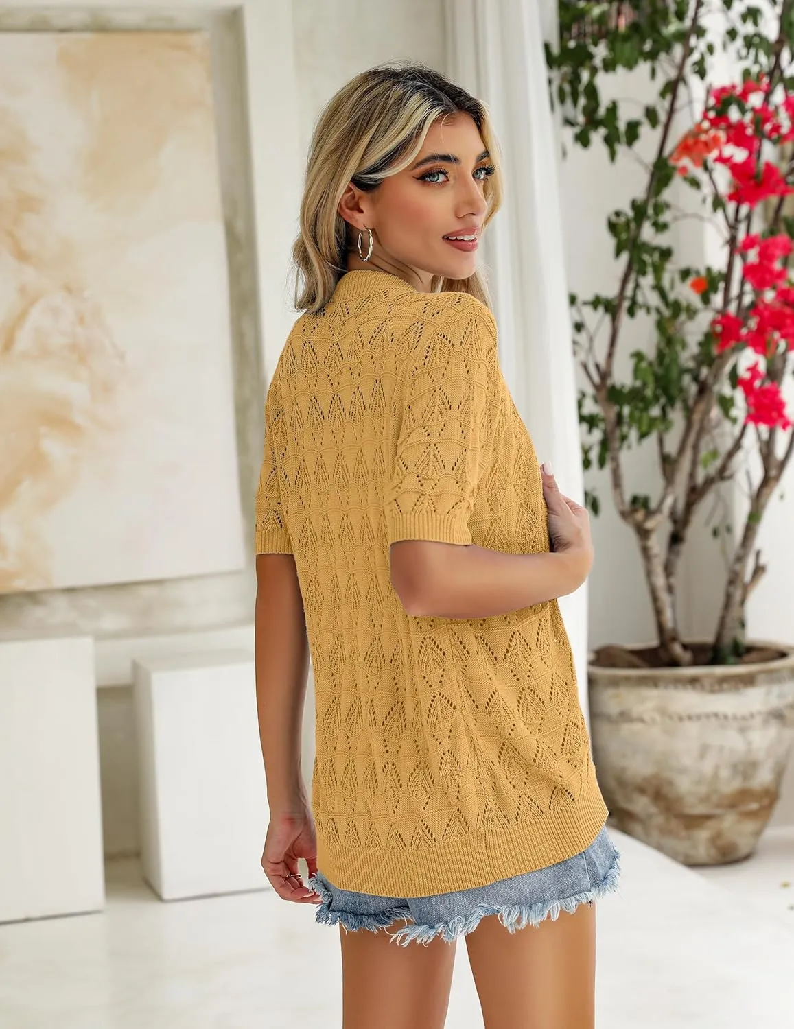 Zeagoo Women's Short Sleeve 2025 Summer Crochet Cropped Cardigan V Neck Button up Bolero Shrug Sweater