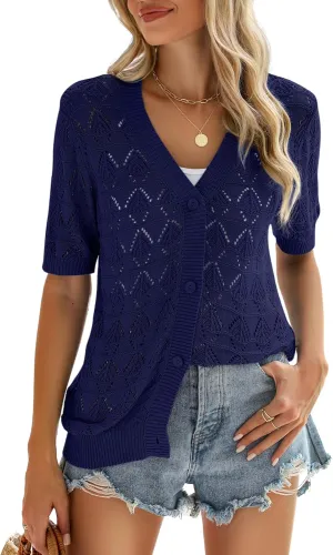Zeagoo Women's Short Sleeve 2025 Summer Crochet Cropped Cardigan V Neck Button up Bolero Shrug Sweater