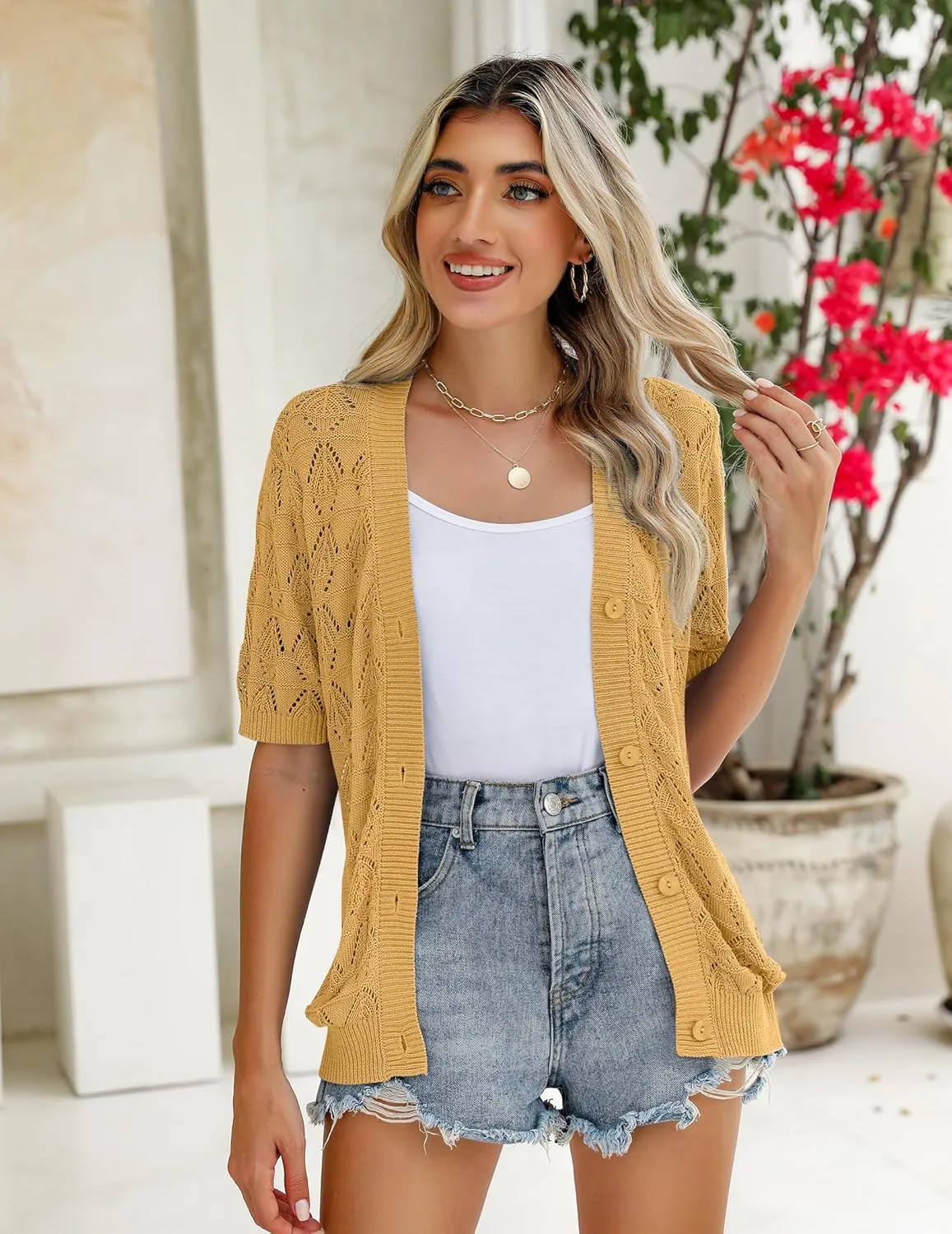 Zeagoo Women's Short Sleeve 2025 Summer Crochet Cropped Cardigan V Neck Button up Bolero Shrug Sweater