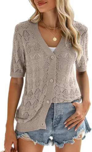 Zeagoo Women's Short Sleeve 2025 Summer Crochet Cropped Cardigan V Neck Button up Bolero Shrug Sweater