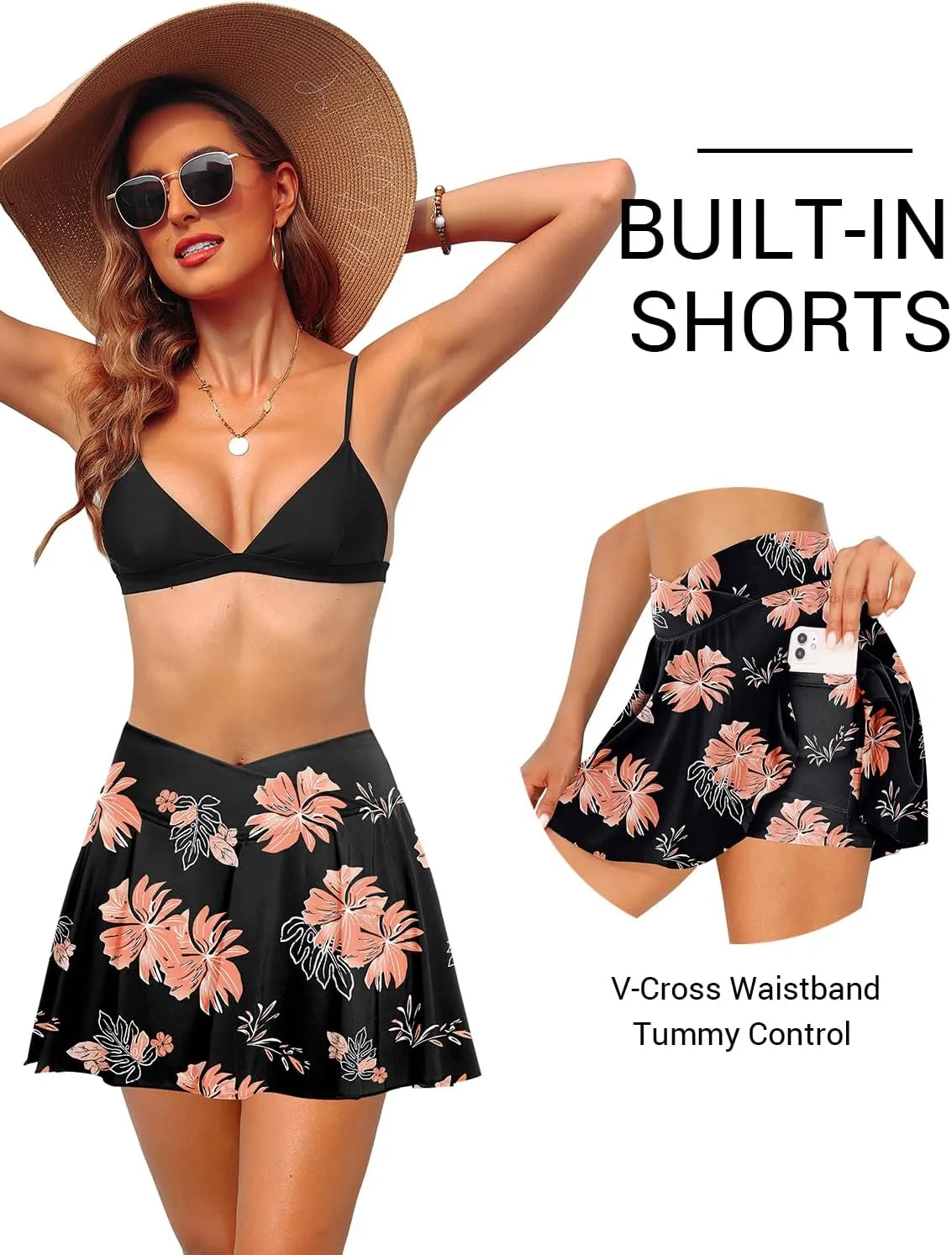 Zmart High Waisted Swim Skirt - Women V Cross Bathing Suit Pleated Skorts Bottom with Boxer Liner & Pockets