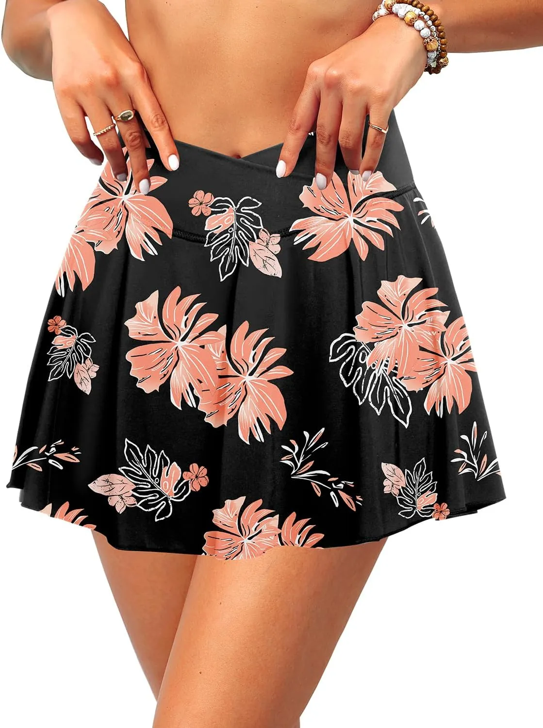 Zmart High Waisted Swim Skirt - Women V Cross Bathing Suit Pleated Skorts Bottom with Boxer Liner & Pockets
