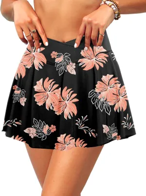 Zmart High Waisted Swim Skirt - Women V Cross Bathing Suit Pleated Skorts Bottom with Boxer Liner & Pockets
