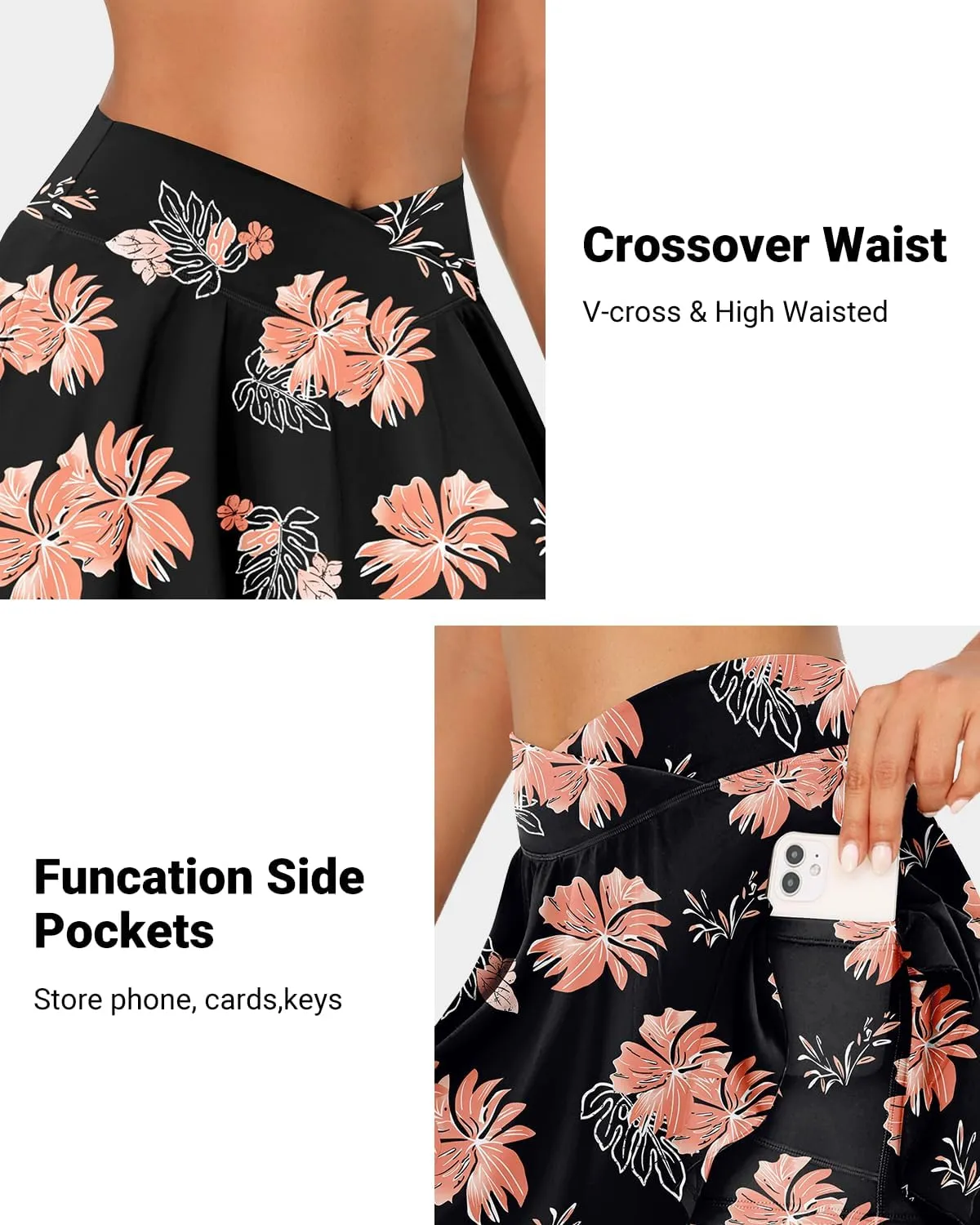 Zmart High Waisted Swim Skirt - Women V Cross Bathing Suit Pleated Skorts Bottom with Boxer Liner & Pockets