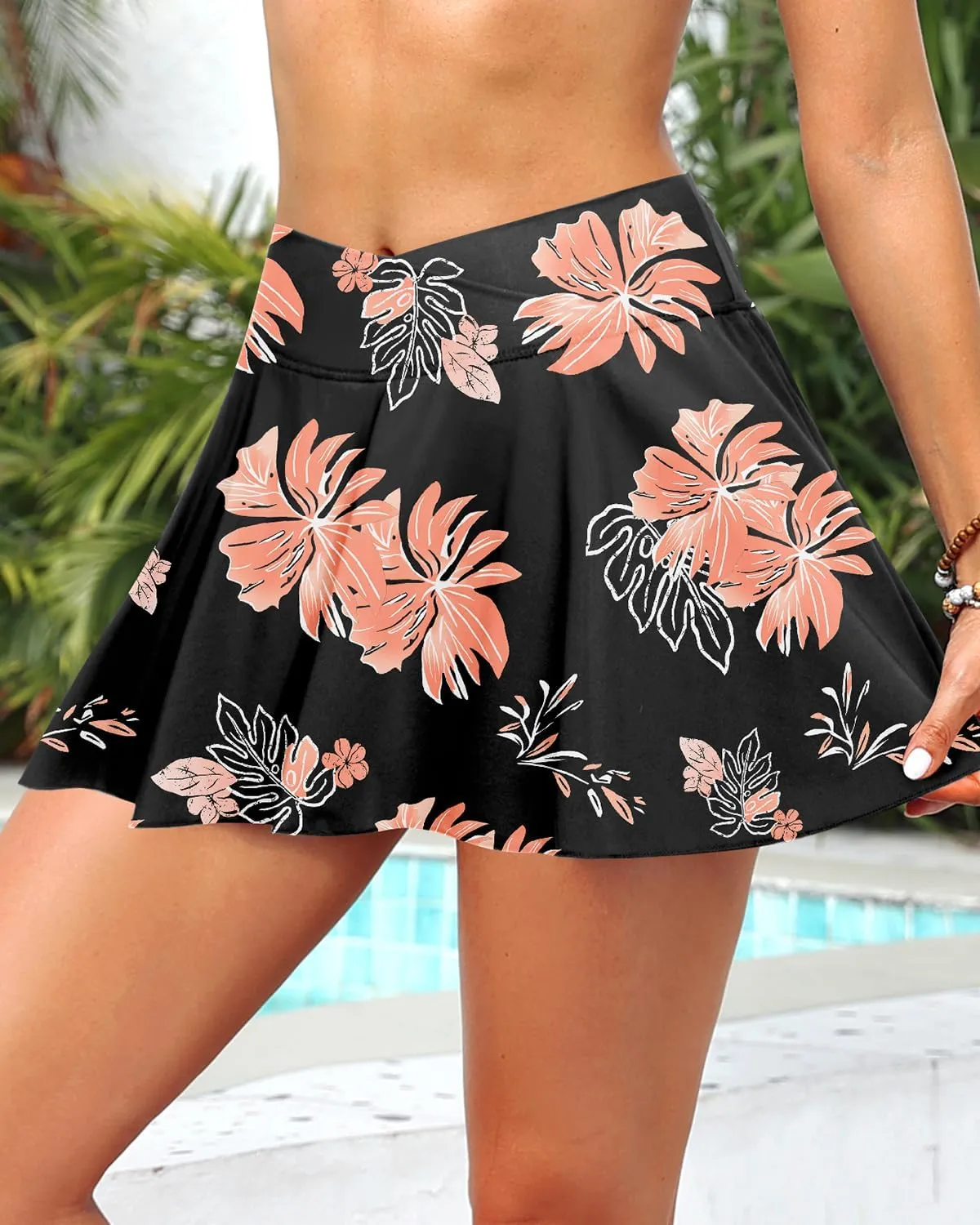 Zmart High Waisted Swim Skirt - Women V Cross Bathing Suit Pleated Skorts Bottom with Boxer Liner & Pockets